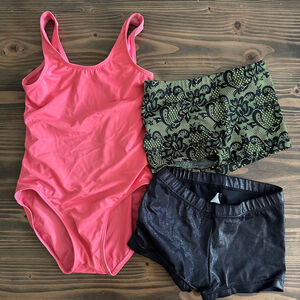 Set of 3 Girls Balera Dancewear Set IC Pink Leotard + Black & Green Shorts